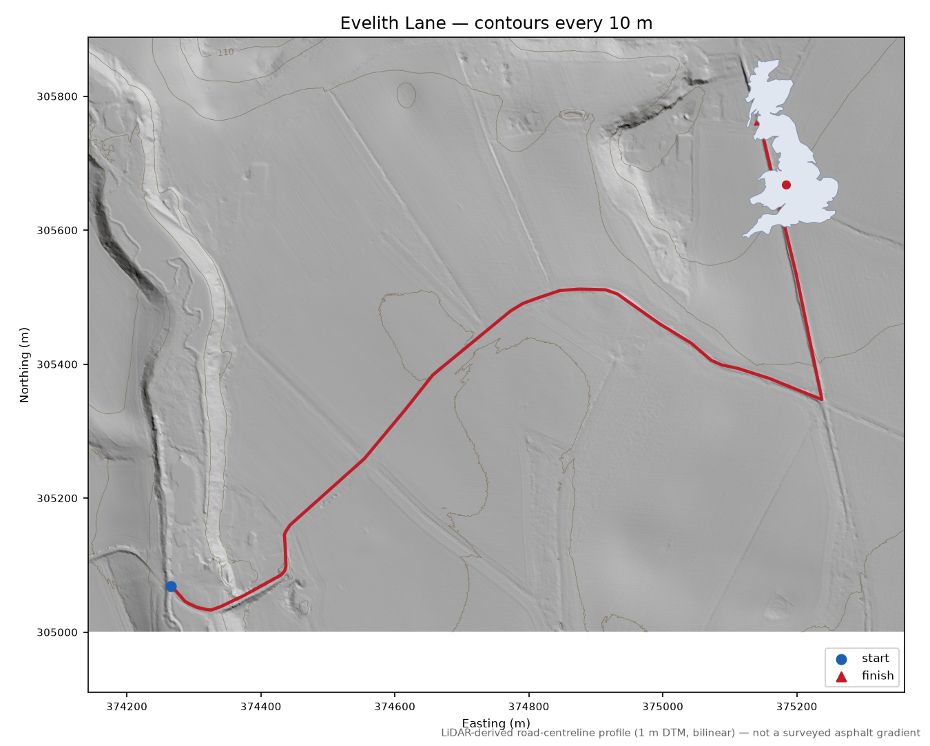 Evelith Lane LiDAR hillshade map with contours
