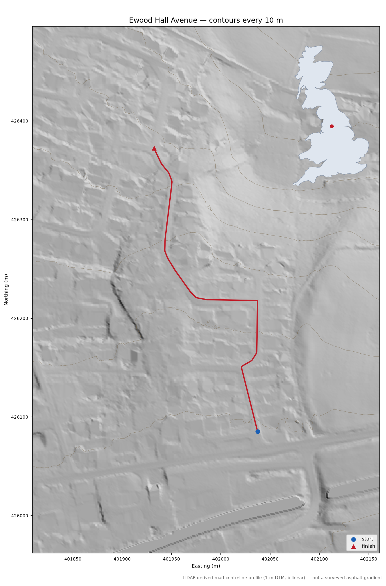 Ewood Hall Avenue LiDAR hillshade map with contours