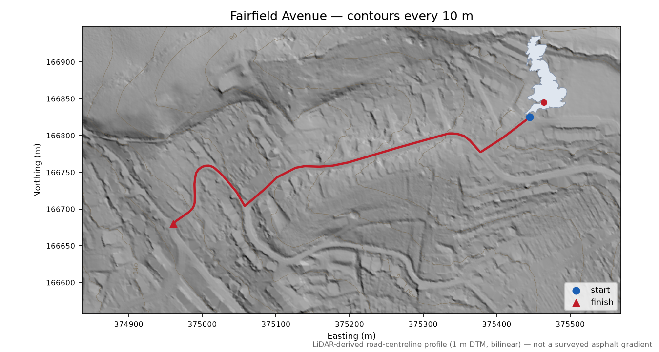 Fairfield Avenue LiDAR hillshade map with contours