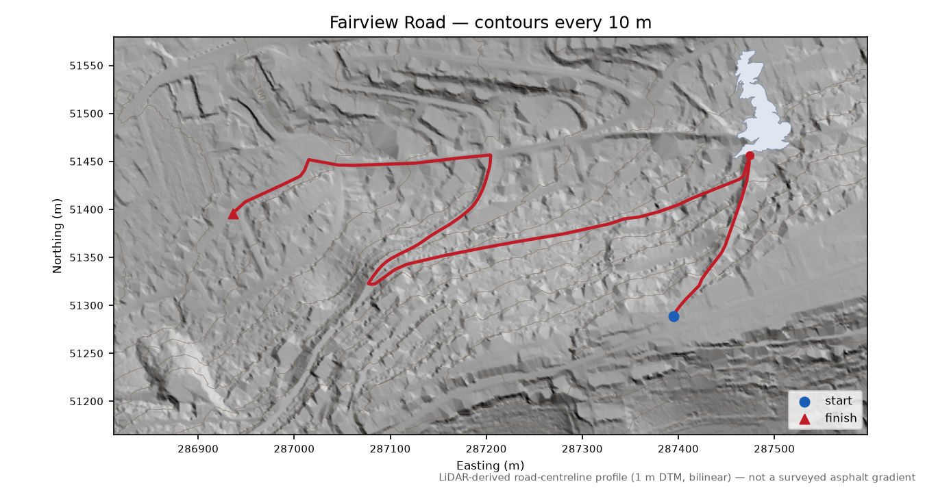 Fairview Road LiDAR hillshade map with contours