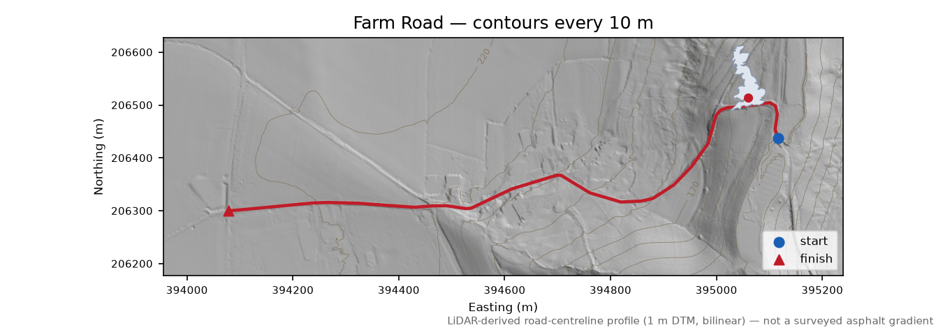 Farm Road LiDAR hillshade map with contours