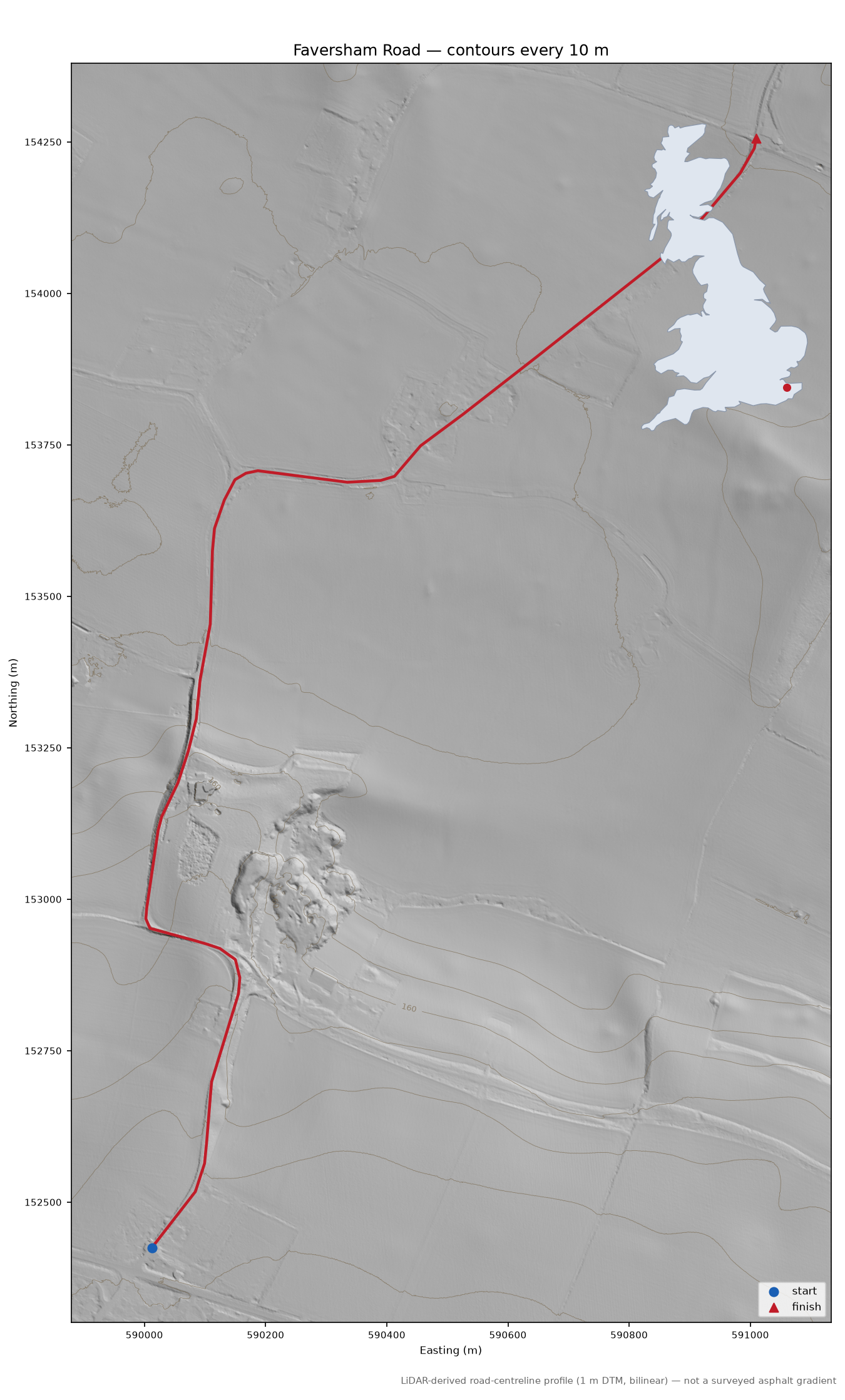 Faversham Road LiDAR hillshade map with contours