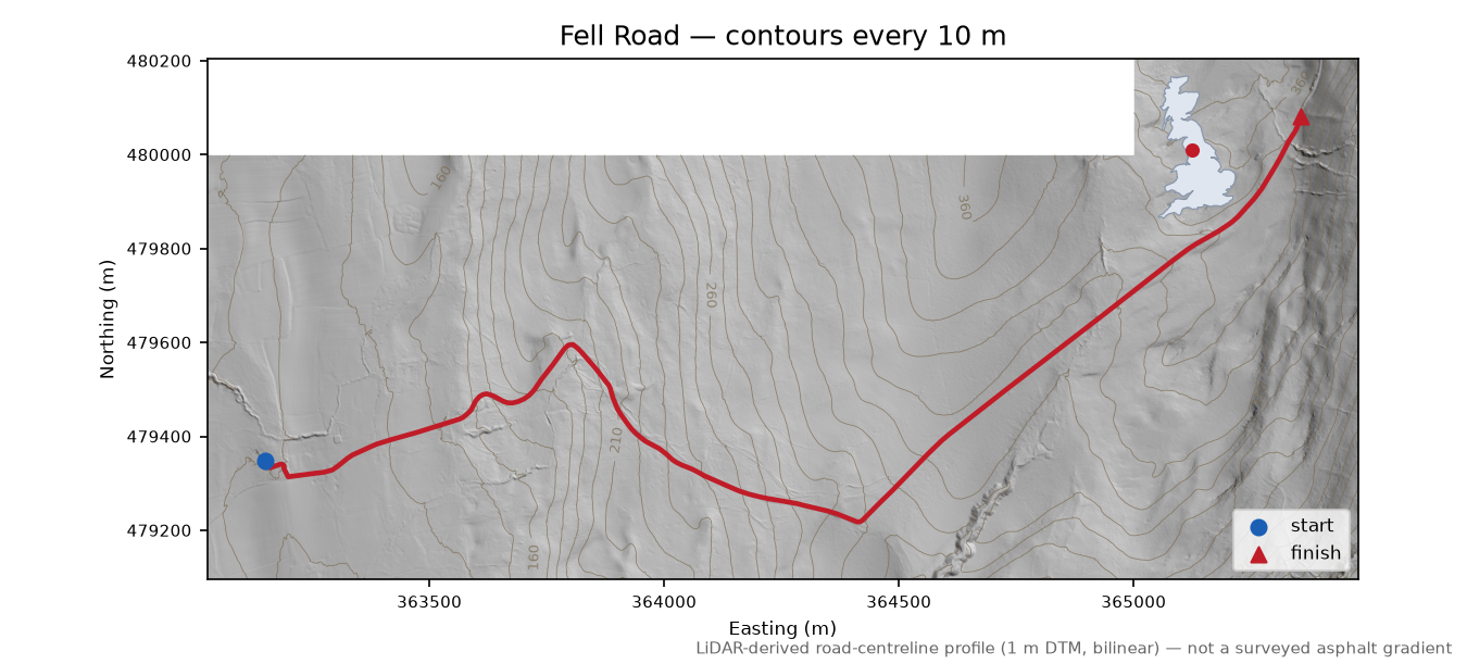 Fell Road LiDAR hillshade map with contours