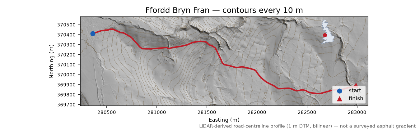 Ffordd Bryn Fran LiDAR hillshade map with contours