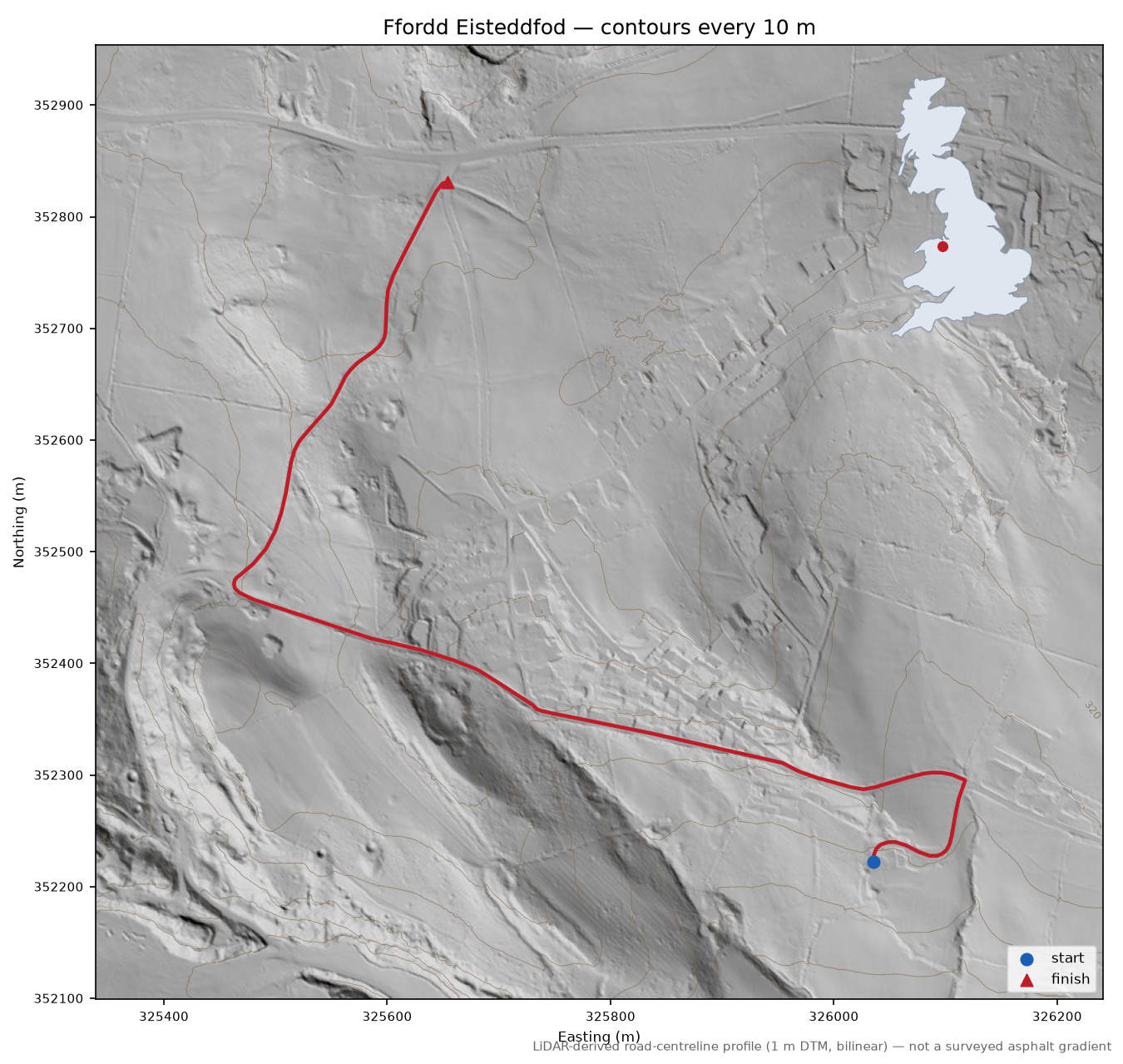 Ffordd Eisteddfod LiDAR hillshade map with contours