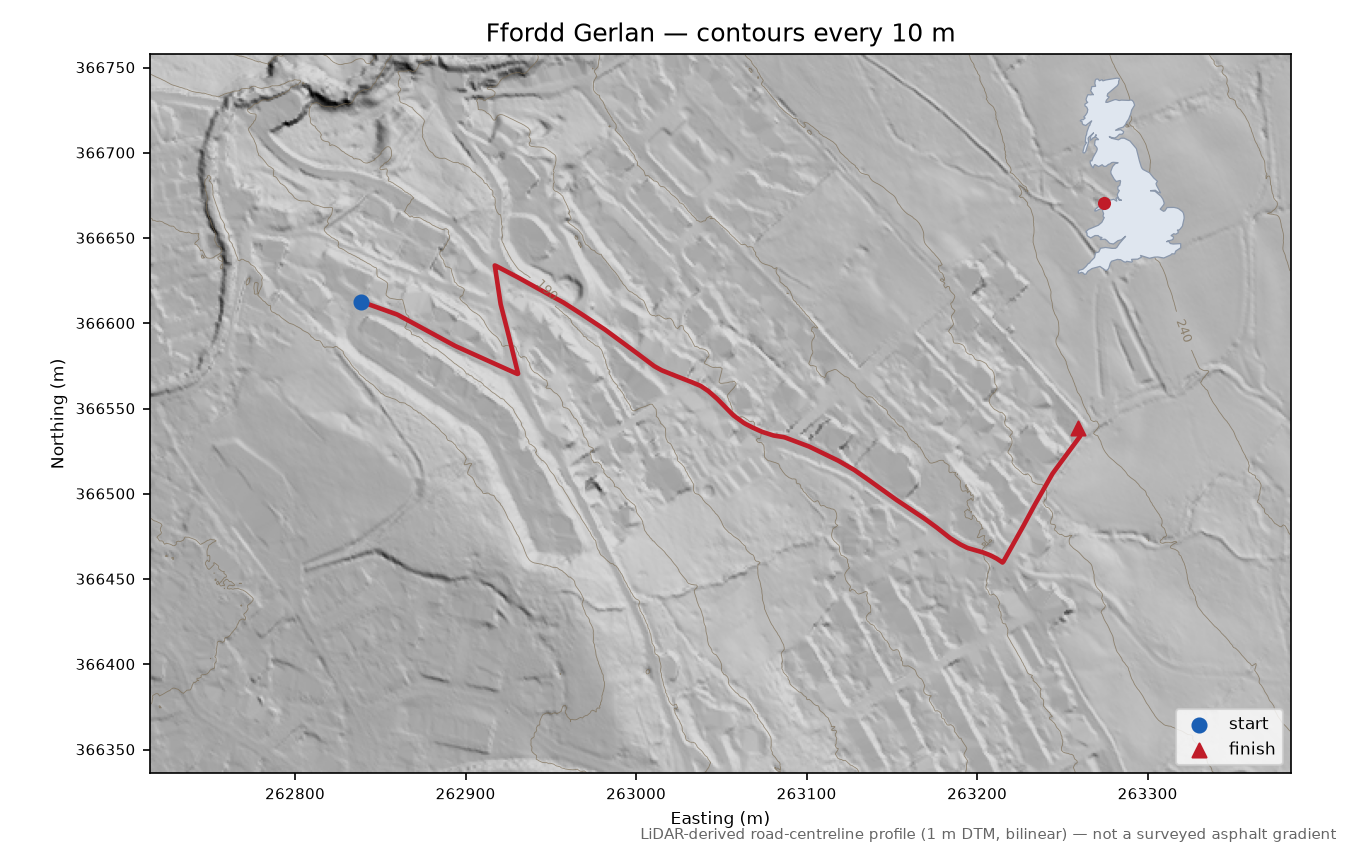 Ffordd Gerlan LiDAR hillshade map with contours
