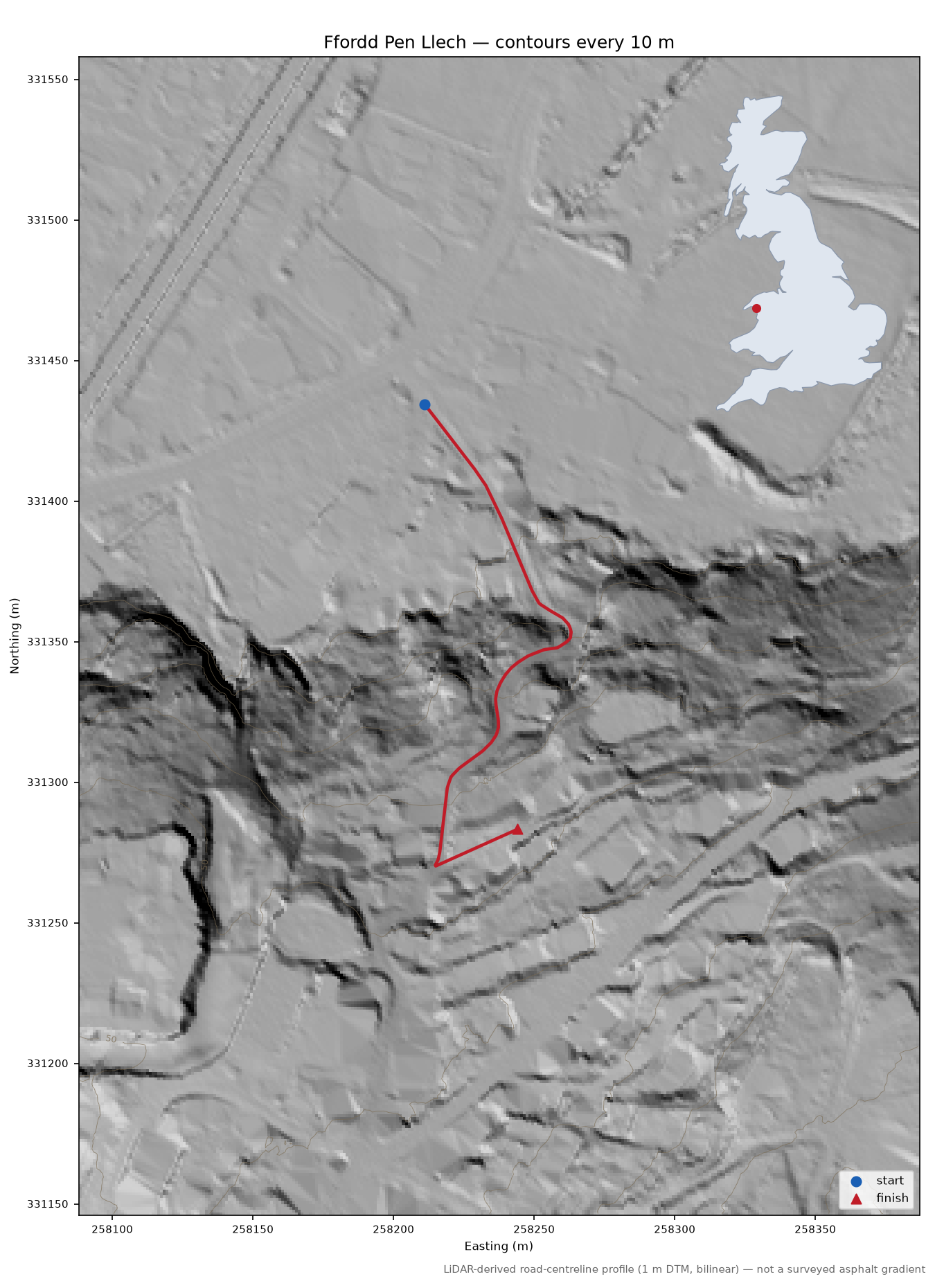 Ffordd Pen Llech LiDAR hillshade map with contours