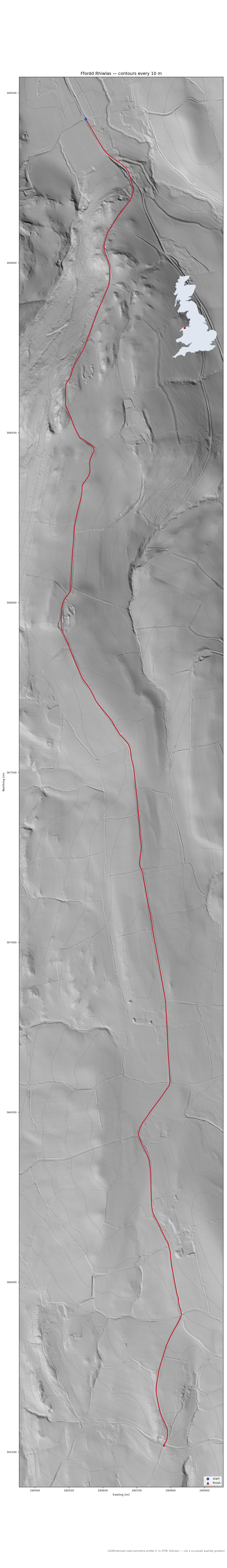 Ffordd Rhiwlas LiDAR hillshade map with contours