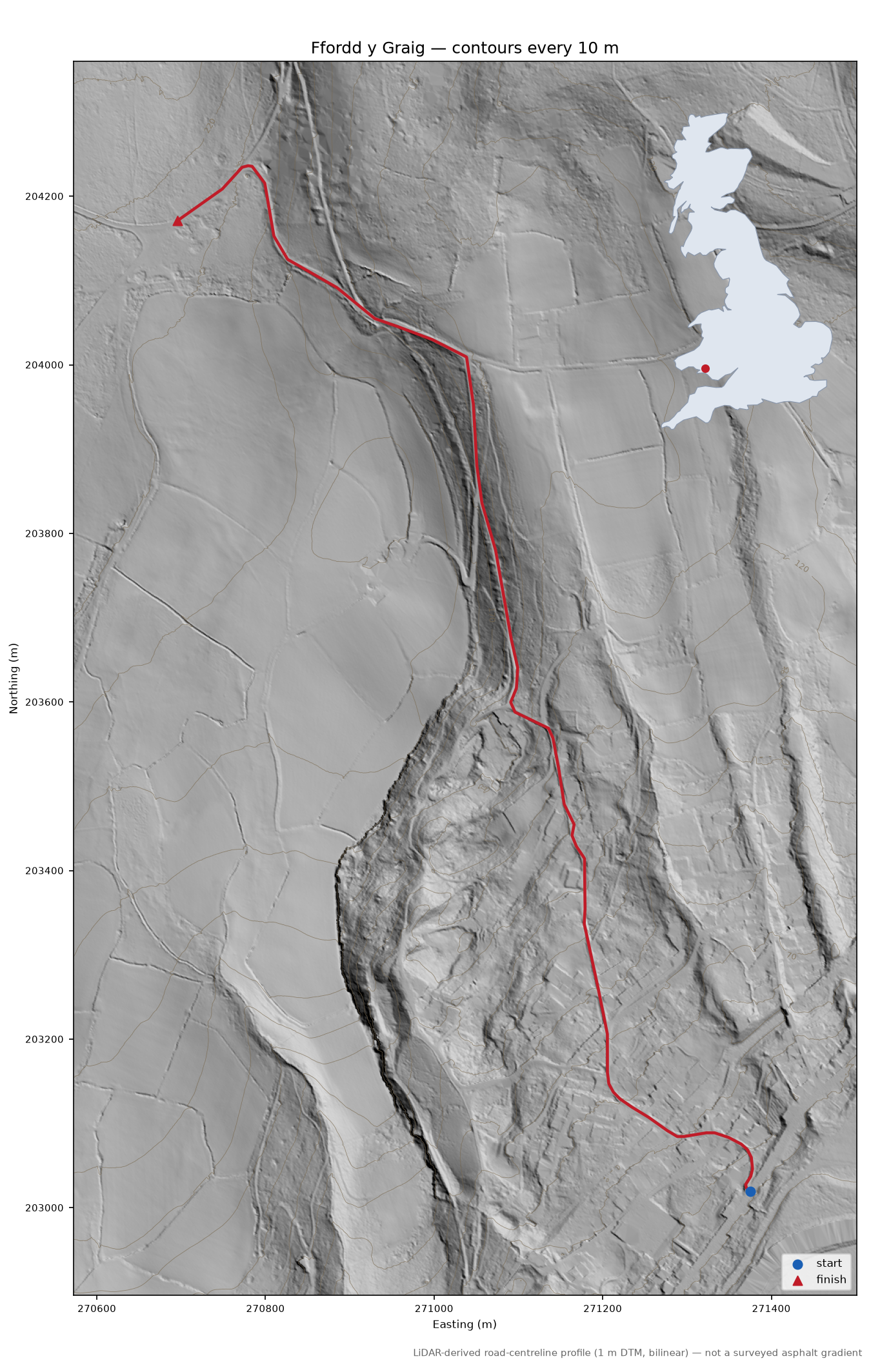 Ffordd y Graig LiDAR hillshade map with contours