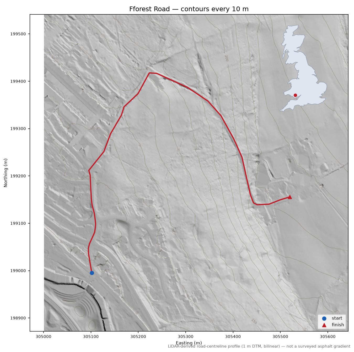 Fforest Road LiDAR hillshade map with contours