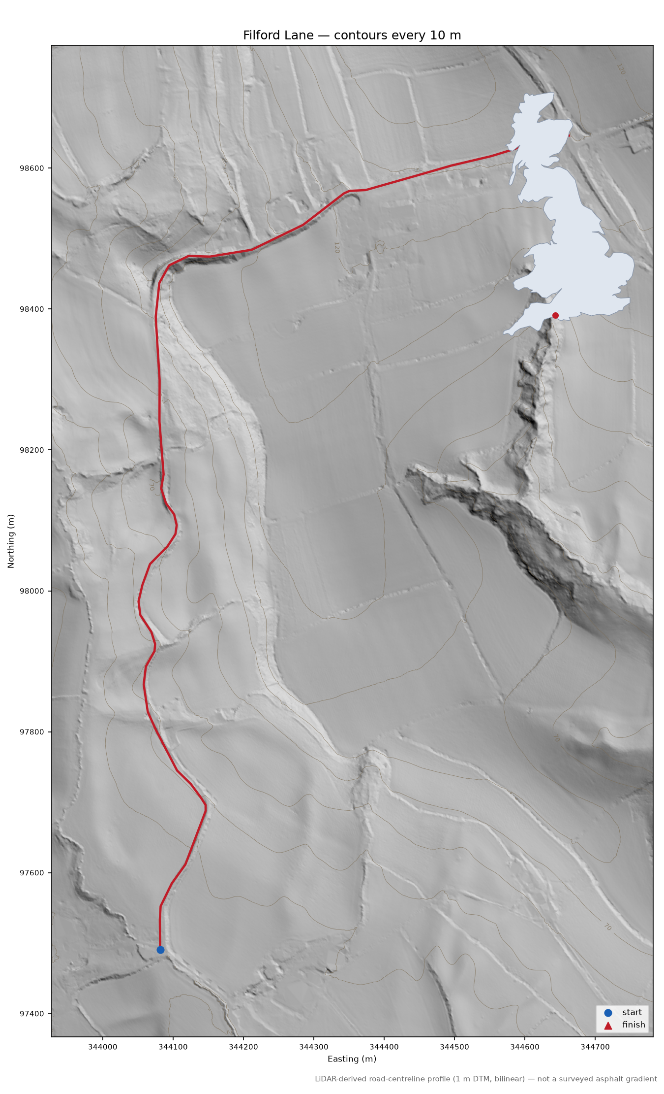 Filford Lane LiDAR hillshade map with contours