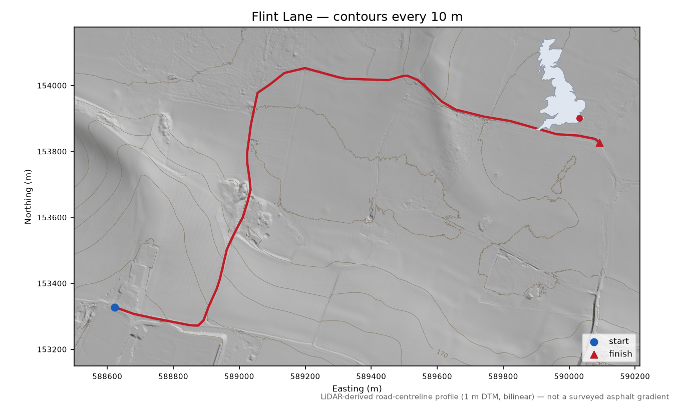 Flint Lane LiDAR hillshade map with contours