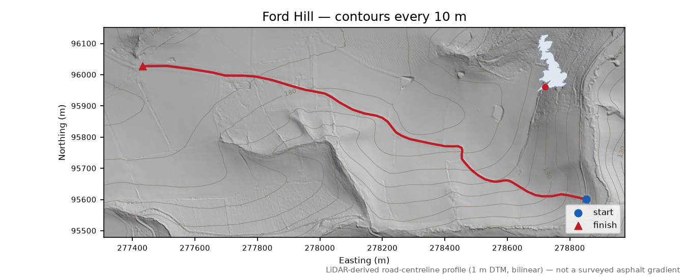 Ford Hill LiDAR hillshade map with contours