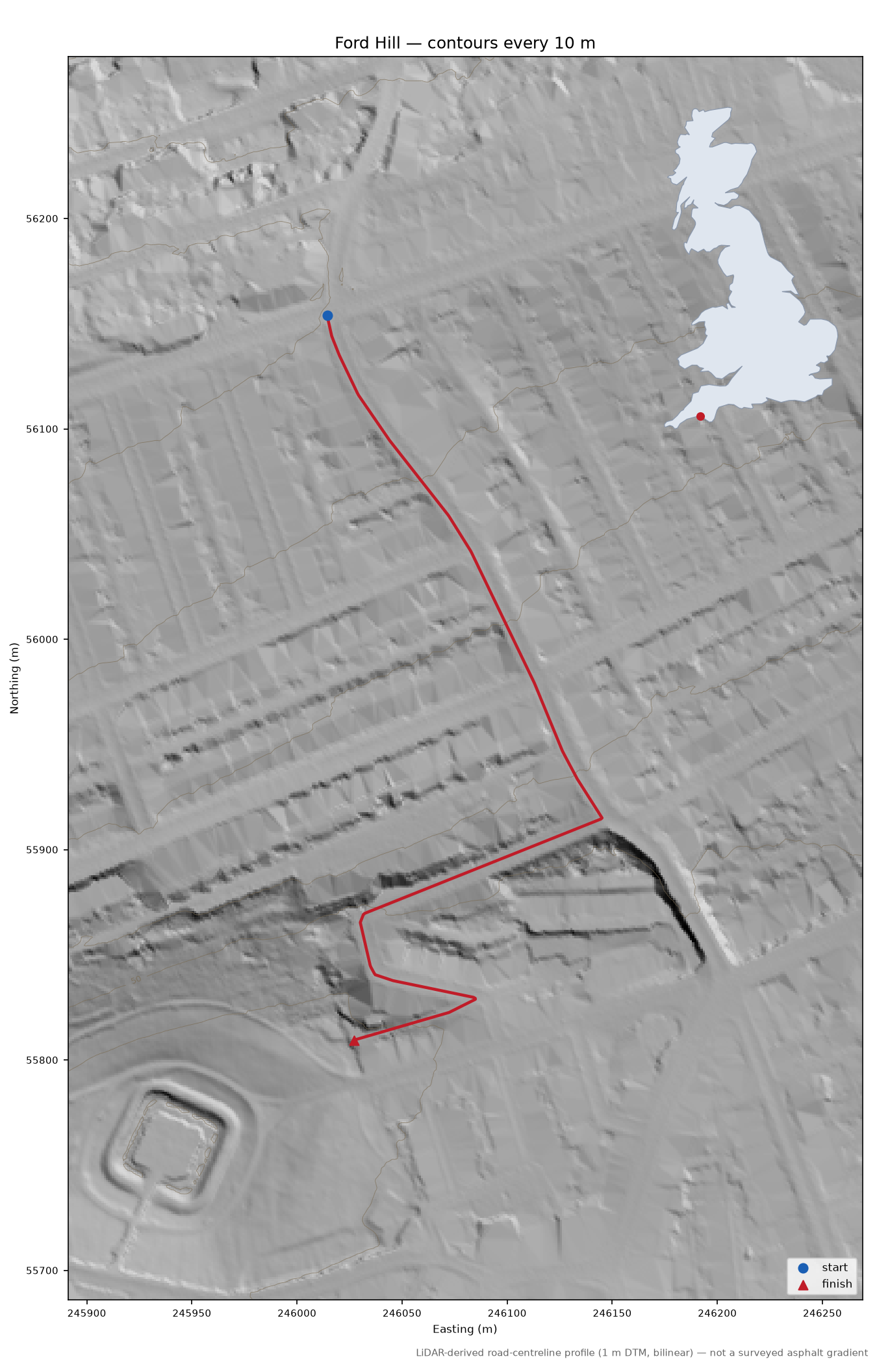 Ford Hill LiDAR hillshade map with contours