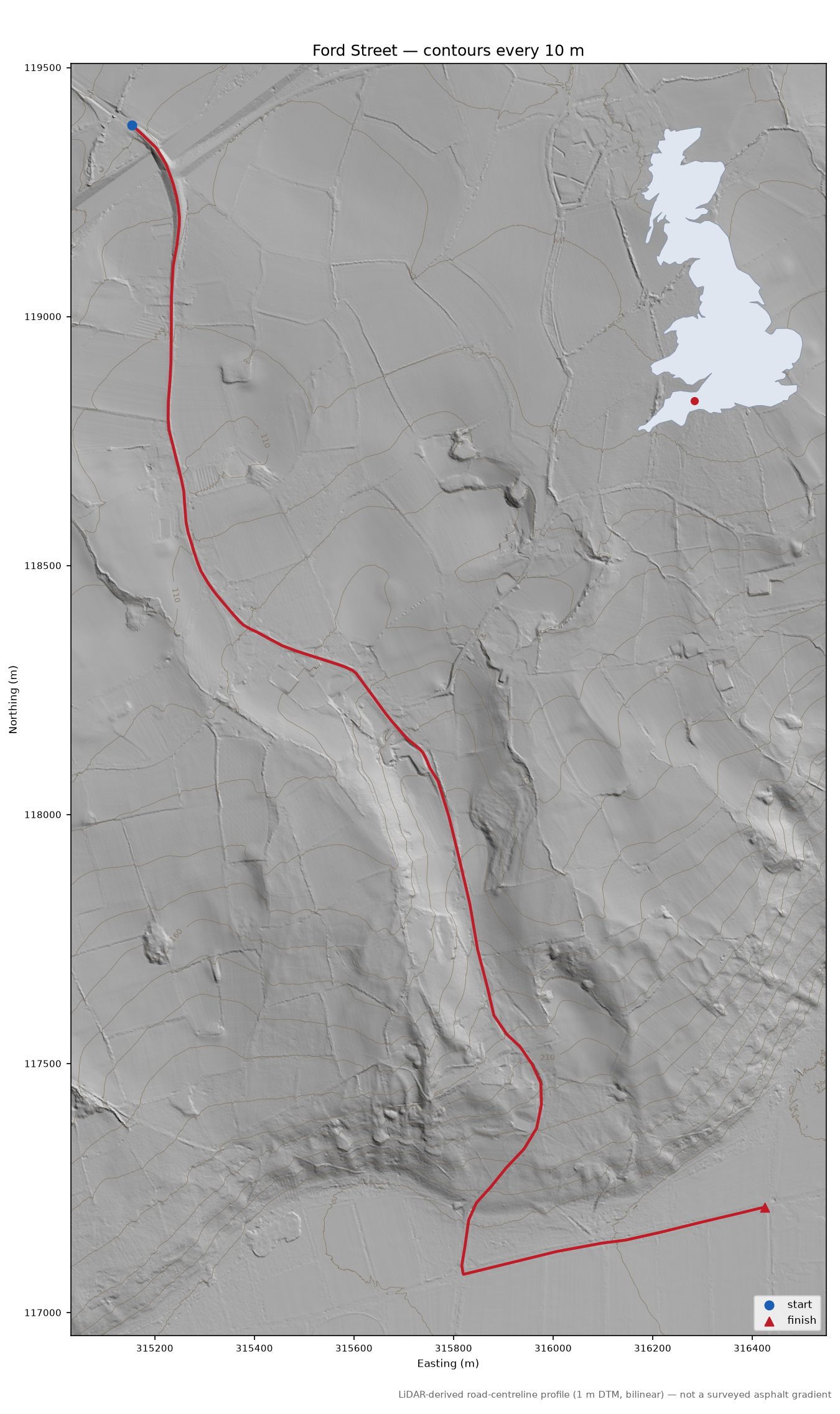 Ford Street LiDAR hillshade map with contours