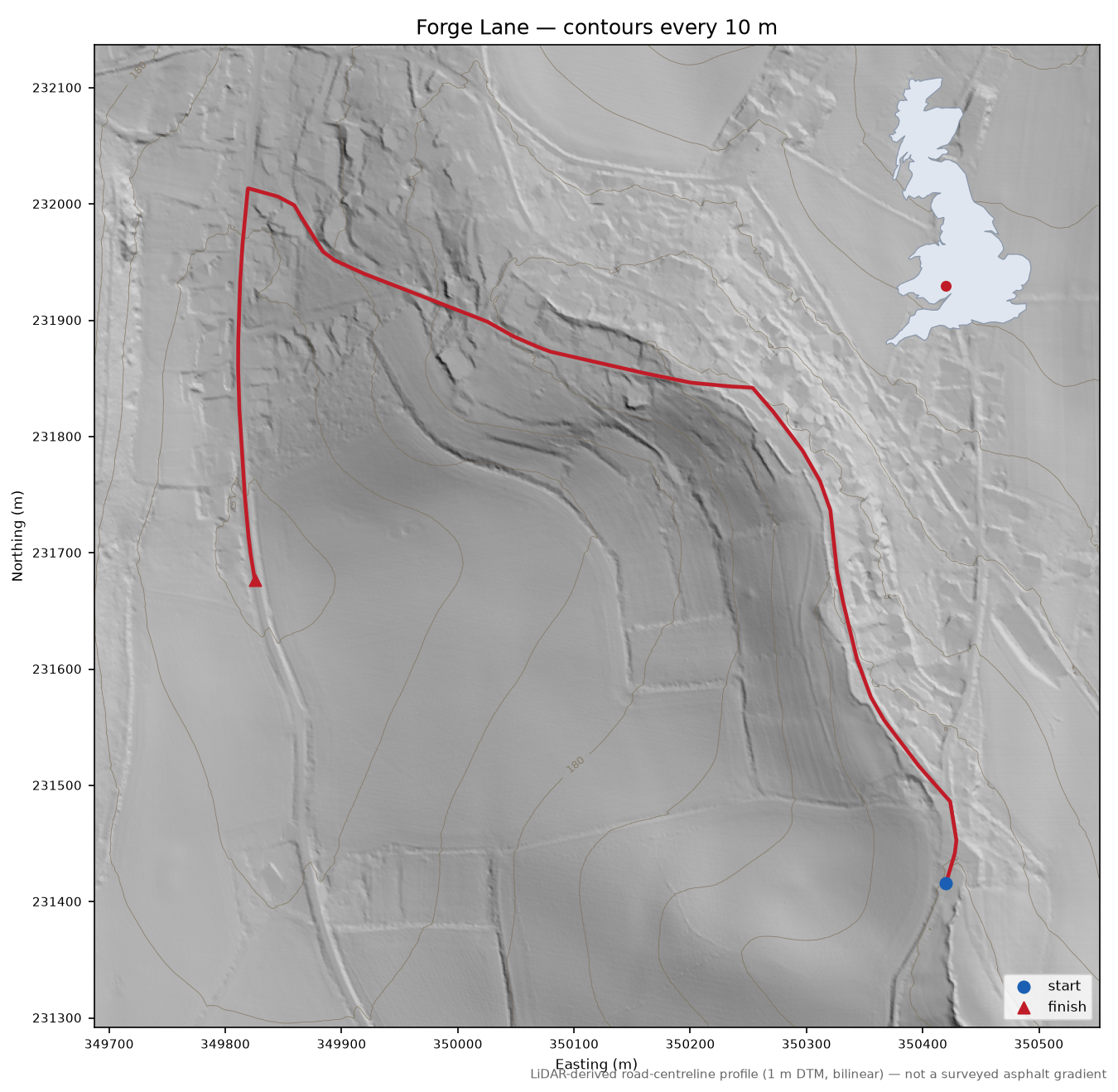 Forge Lane LiDAR hillshade map with contours