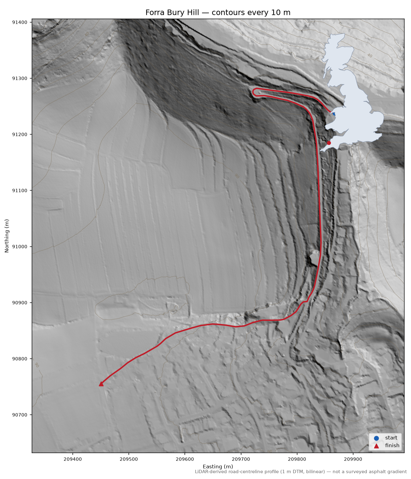 Forra Bury Hill LiDAR hillshade map with contours