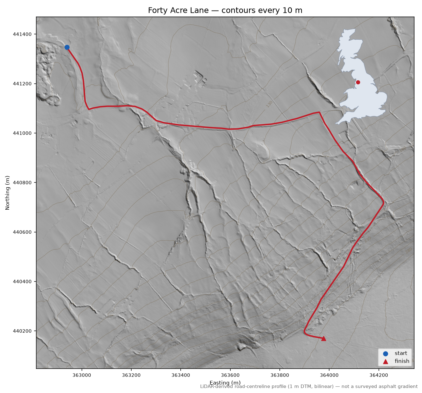 Forty Acre Lane LiDAR hillshade map with contours