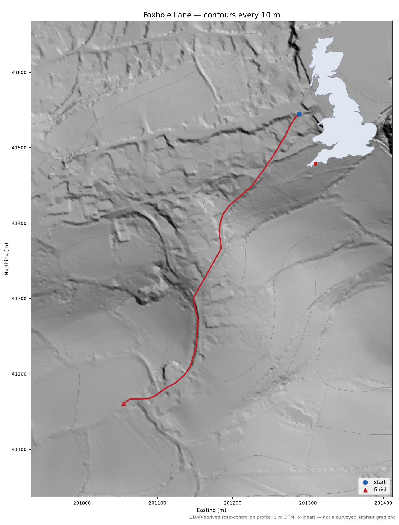 Foxhole Lane LiDAR hillshade map with contours