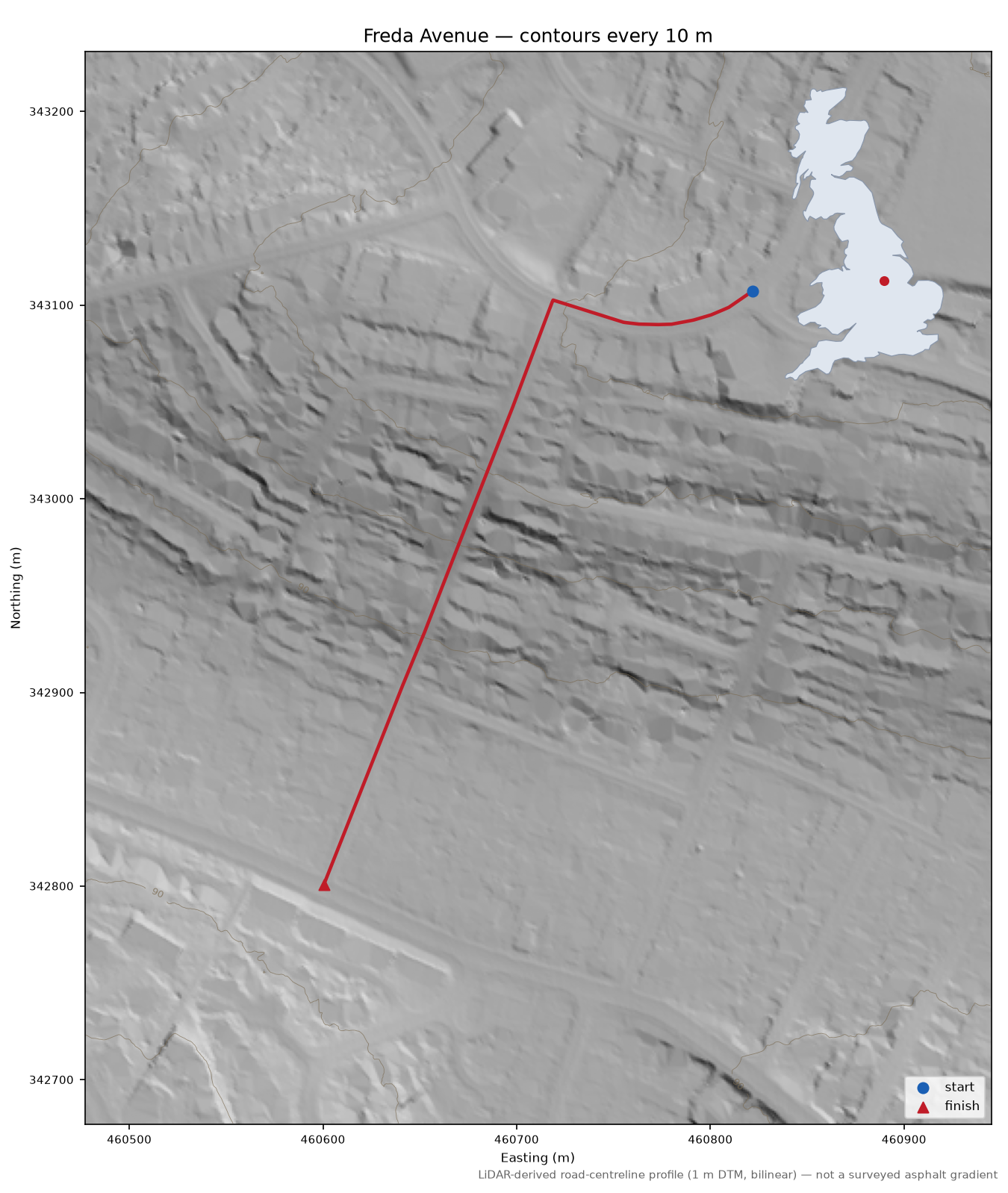 Freda Avenue LiDAR hillshade map with contours