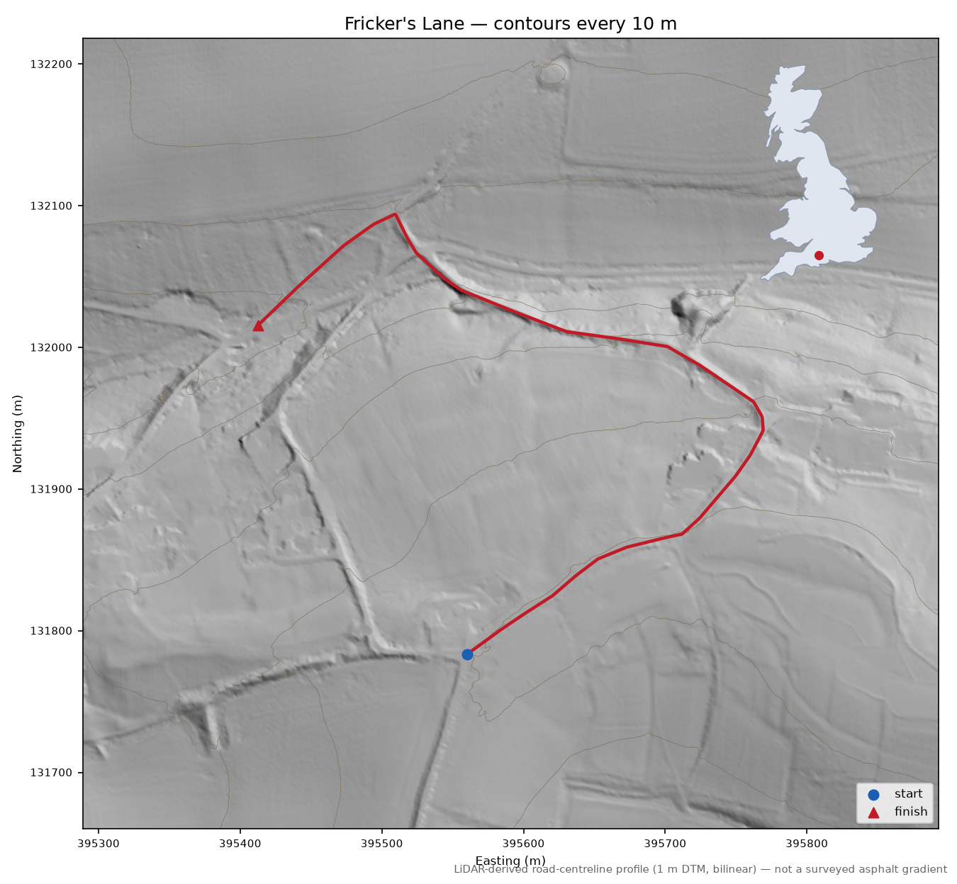 Fricker's Lane LiDAR hillshade map with contours
