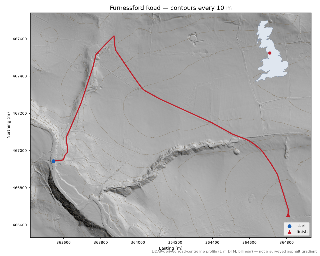 Furnessford Road LiDAR hillshade map with contours