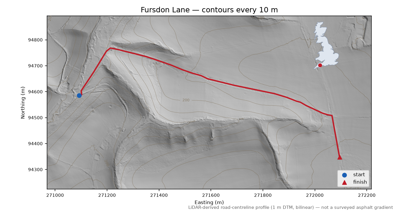 Fursdon Lane LiDAR hillshade map with contours
