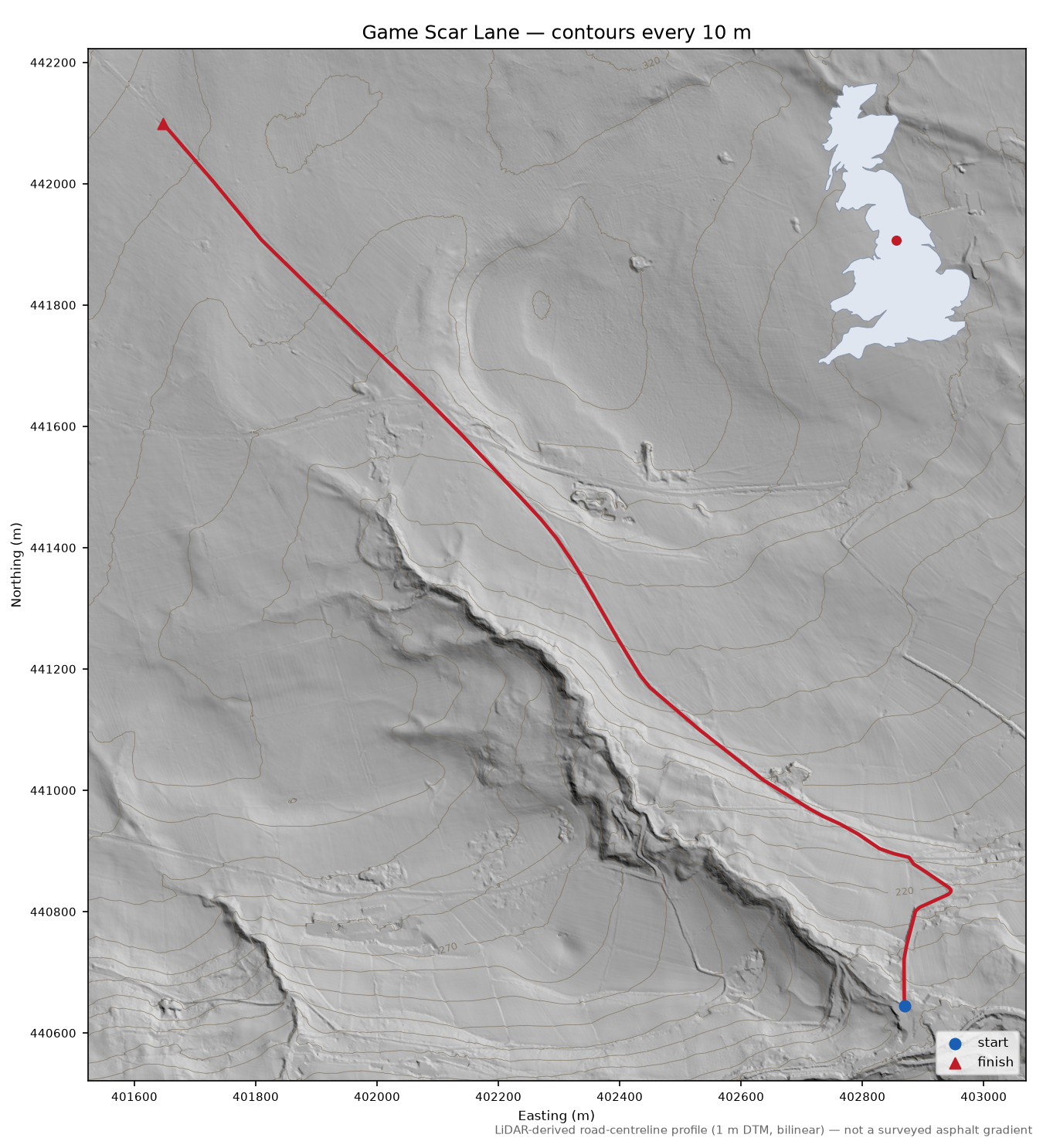 Game Scar Lane LiDAR hillshade map with contours