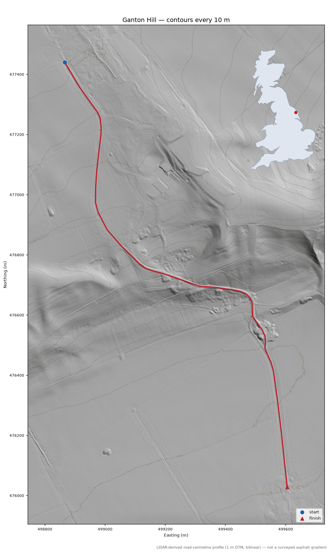 Ganton Hill LiDAR hillshade map with contours