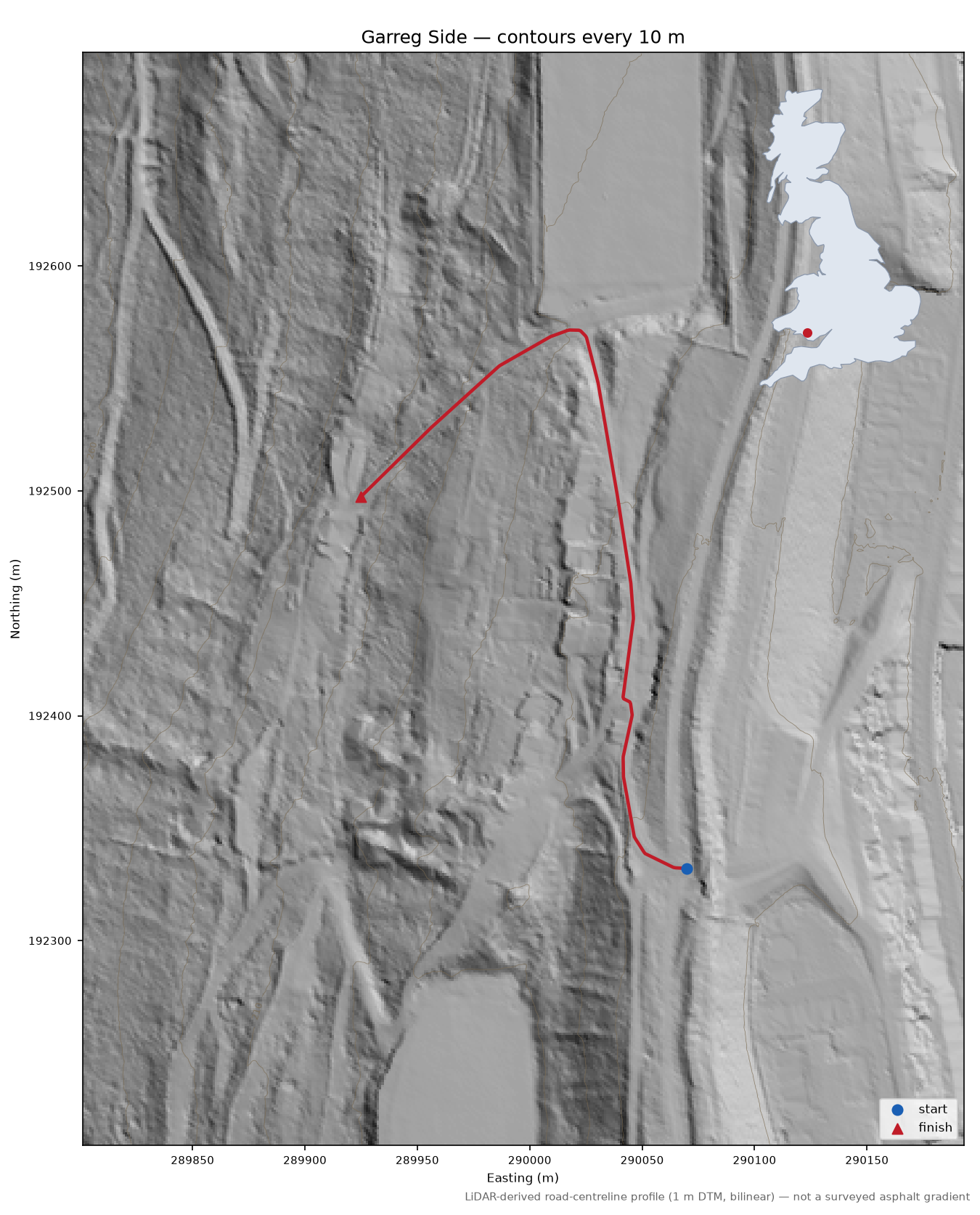 Garreg Side LiDAR hillshade map with contours