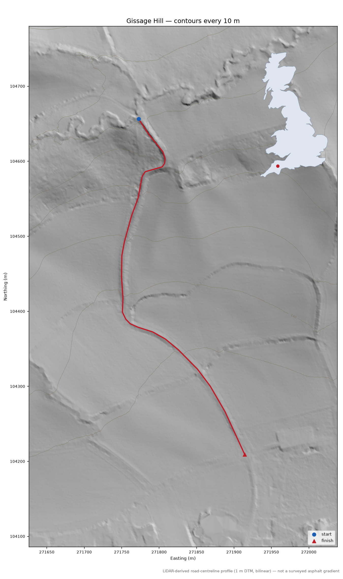 Gissage Hill LiDAR hillshade map with contours