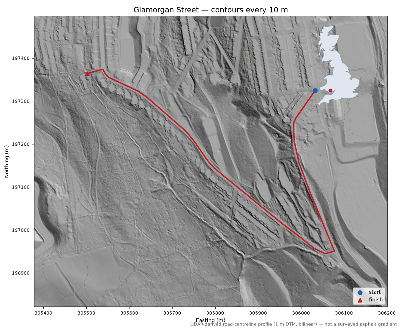 Glamorgan Street LiDAR hillshade map with contours