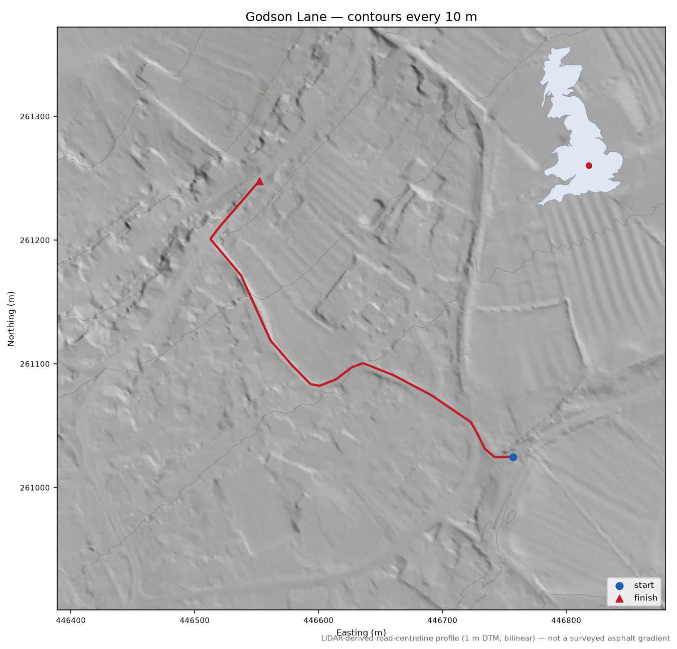 Godson Lane LiDAR hillshade map with contours
