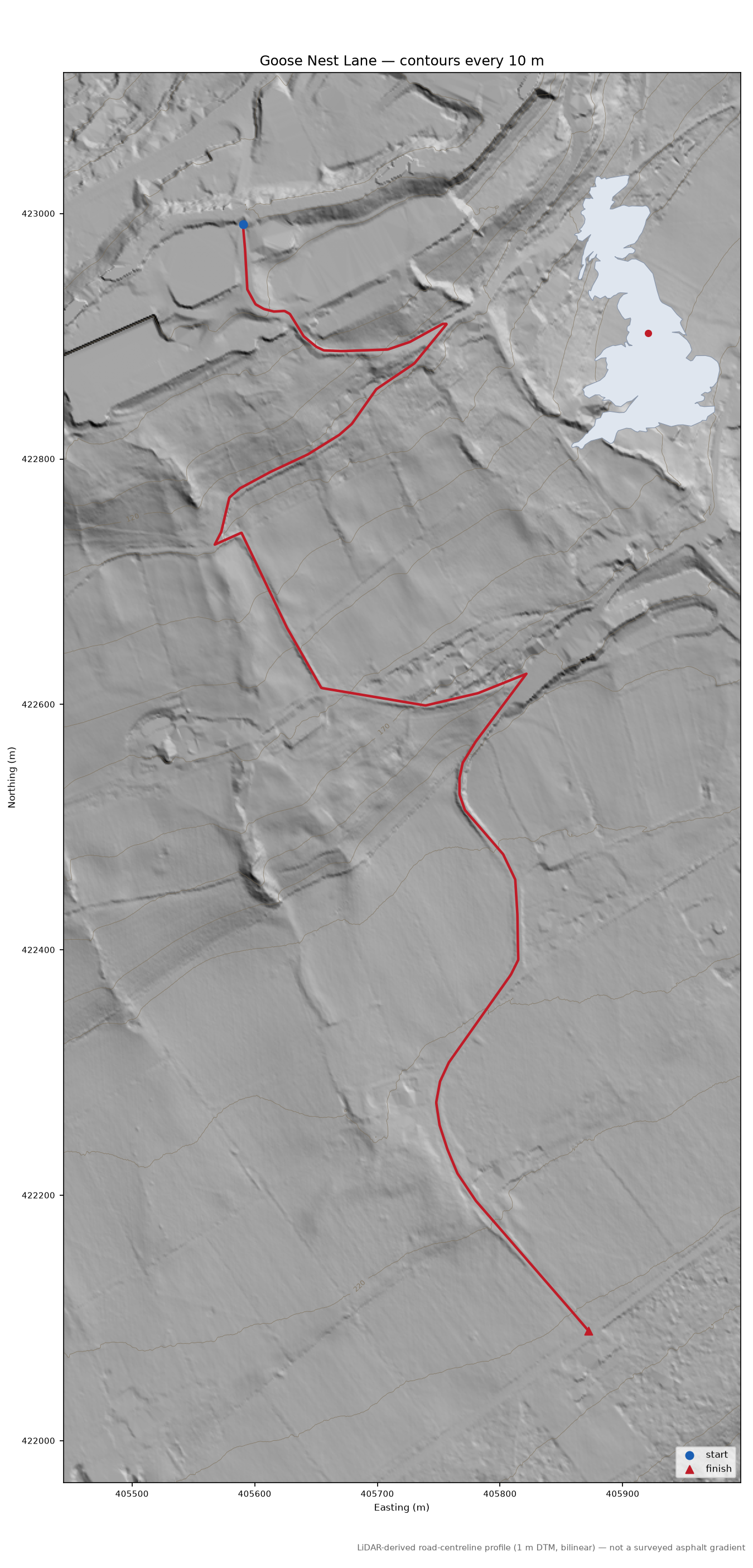 Goose Nest Lane LiDAR hillshade map with contours