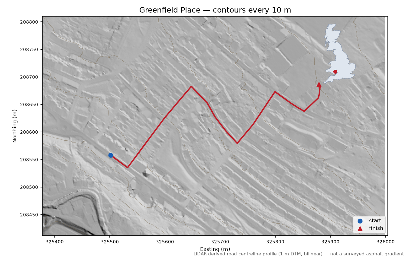 Greenfield Place LiDAR hillshade map with contours