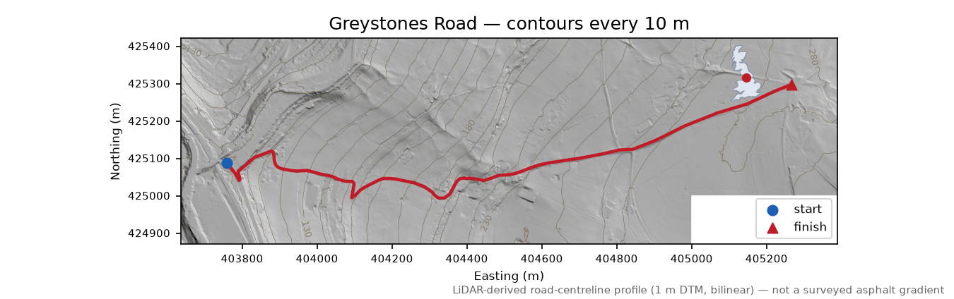 Greystones Road LiDAR hillshade map with contours