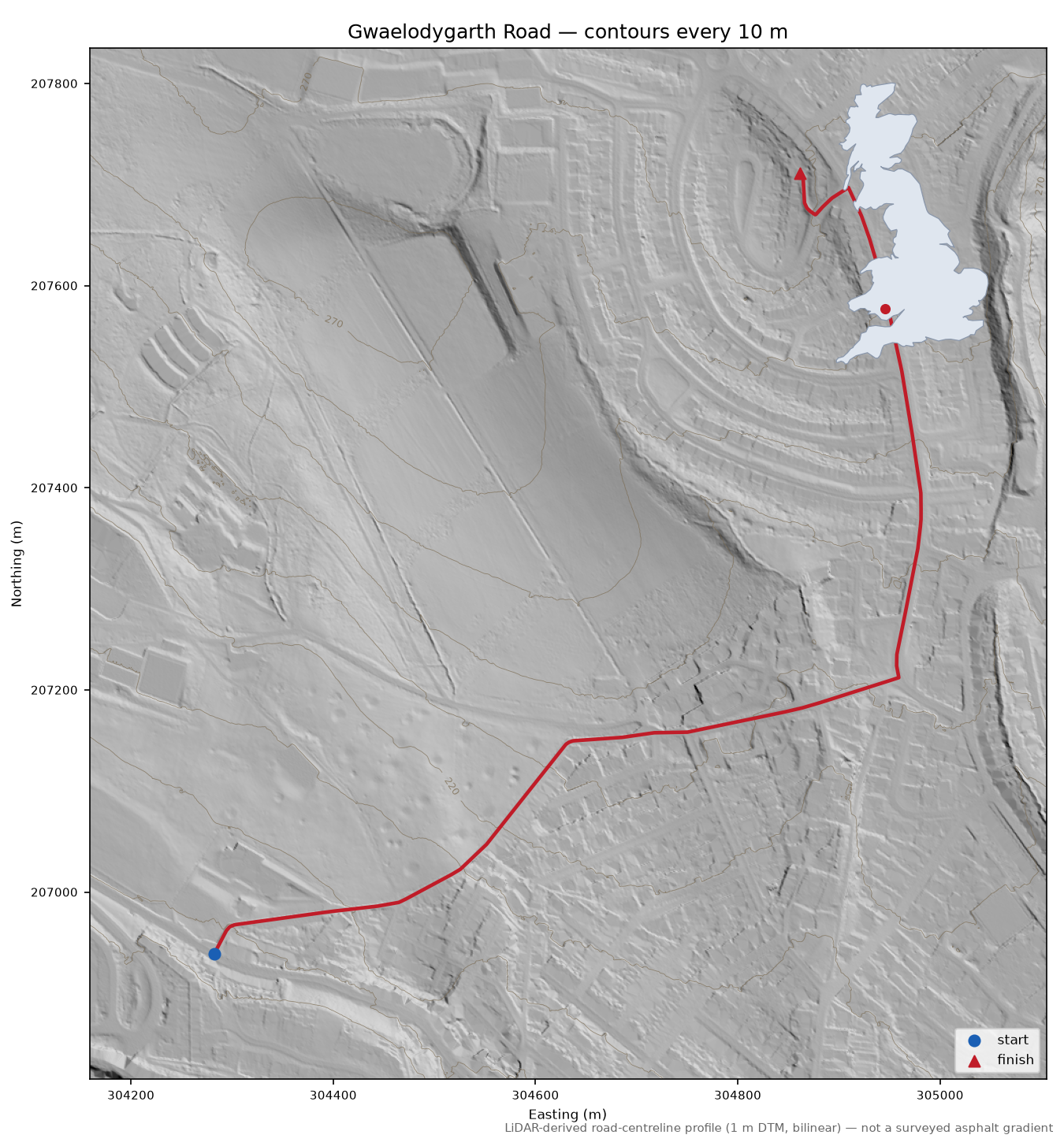 Gwaelodygarth Road LiDAR hillshade map with contours