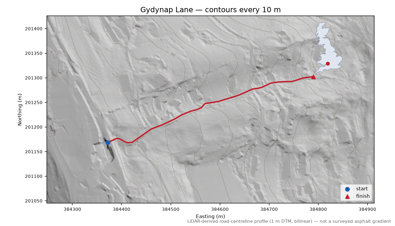 Gydynap Lane LiDAR hillshade map with contours