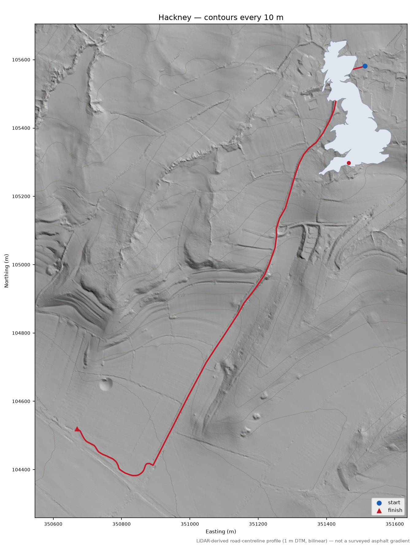 Hackney LiDAR hillshade map with contours