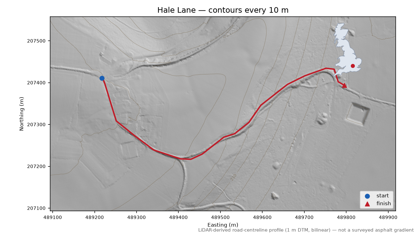 Hale Lane LiDAR hillshade map with contours