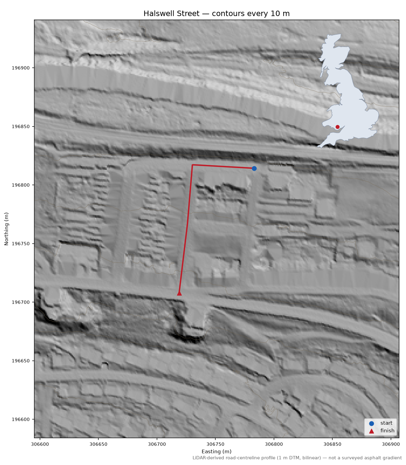 Halswell Street LiDAR hillshade map with contours