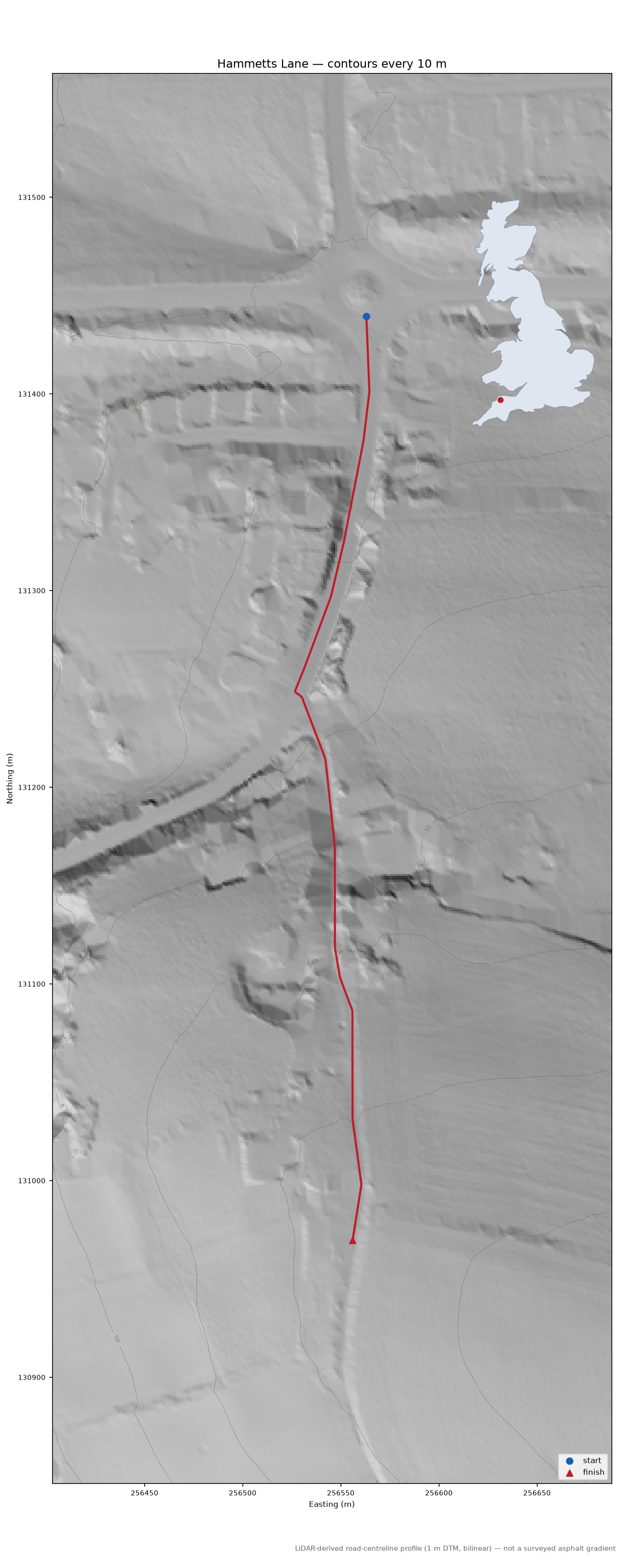Hammetts Lane LiDAR hillshade map with contours