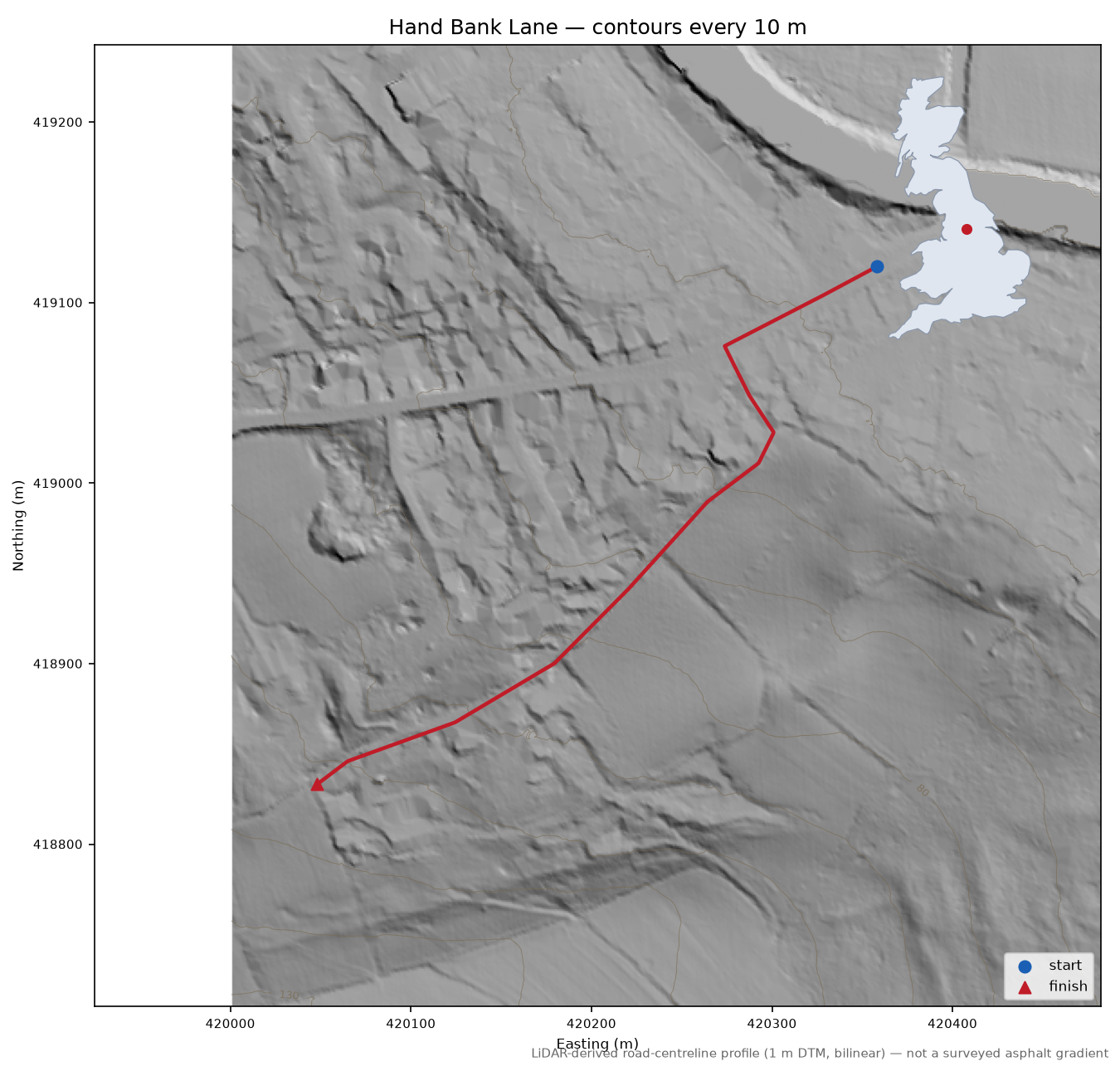 Hand Bank Lane LiDAR hillshade map with contours