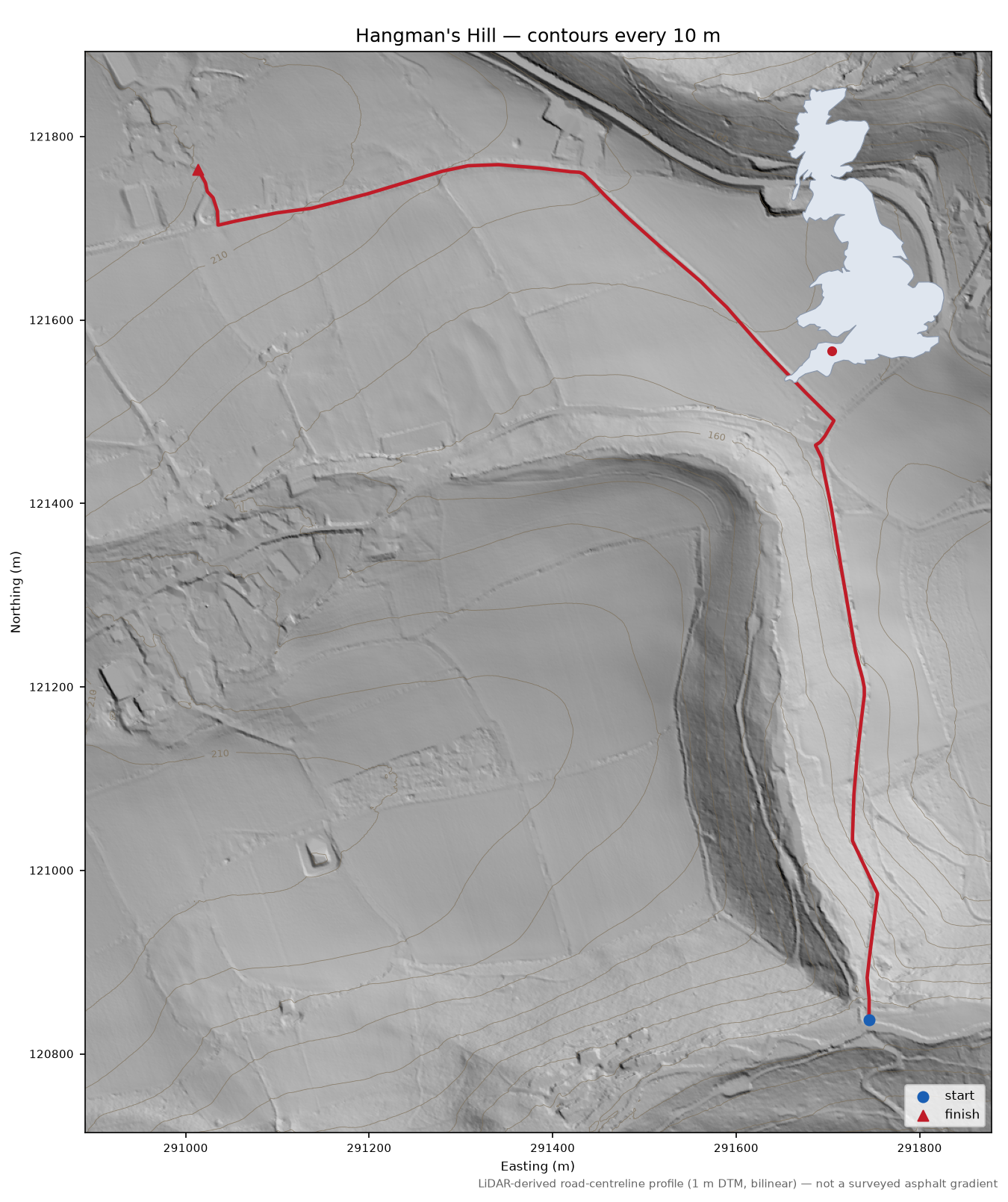 Hangman's Hill LiDAR hillshade map with contours