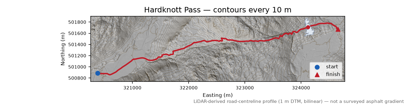 Hardknott Pass LiDAR hillshade map with contours