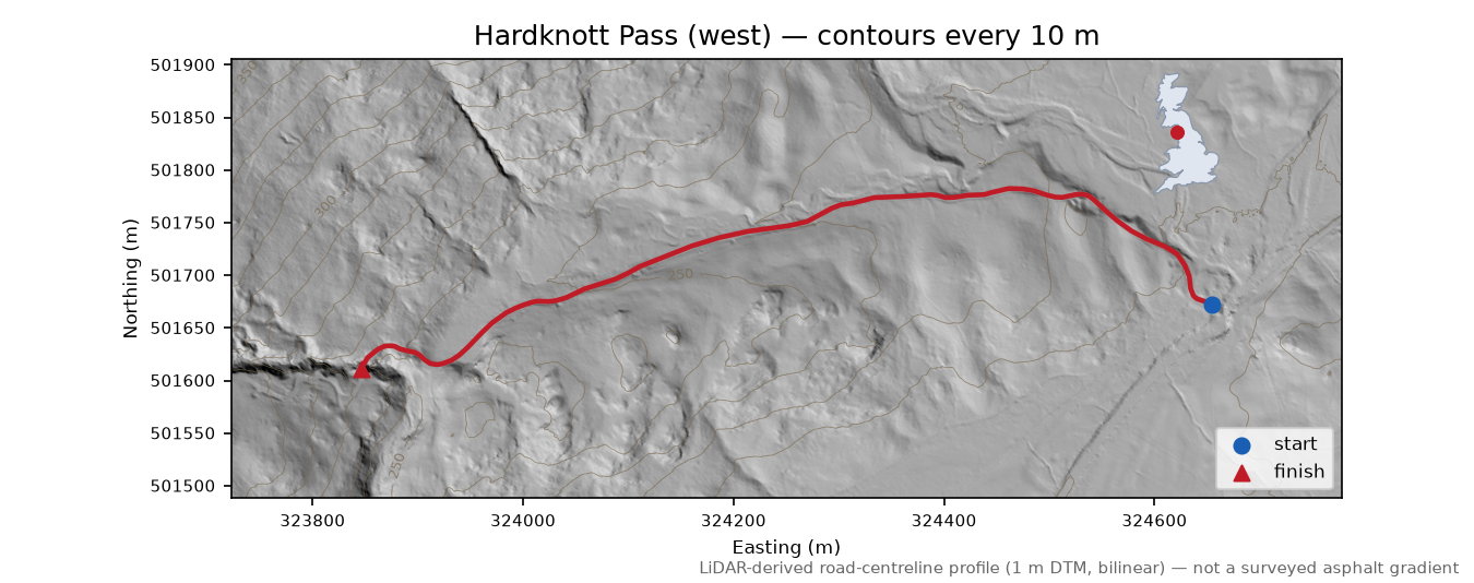 Hardknott Pass (west) LiDAR hillshade map with contours