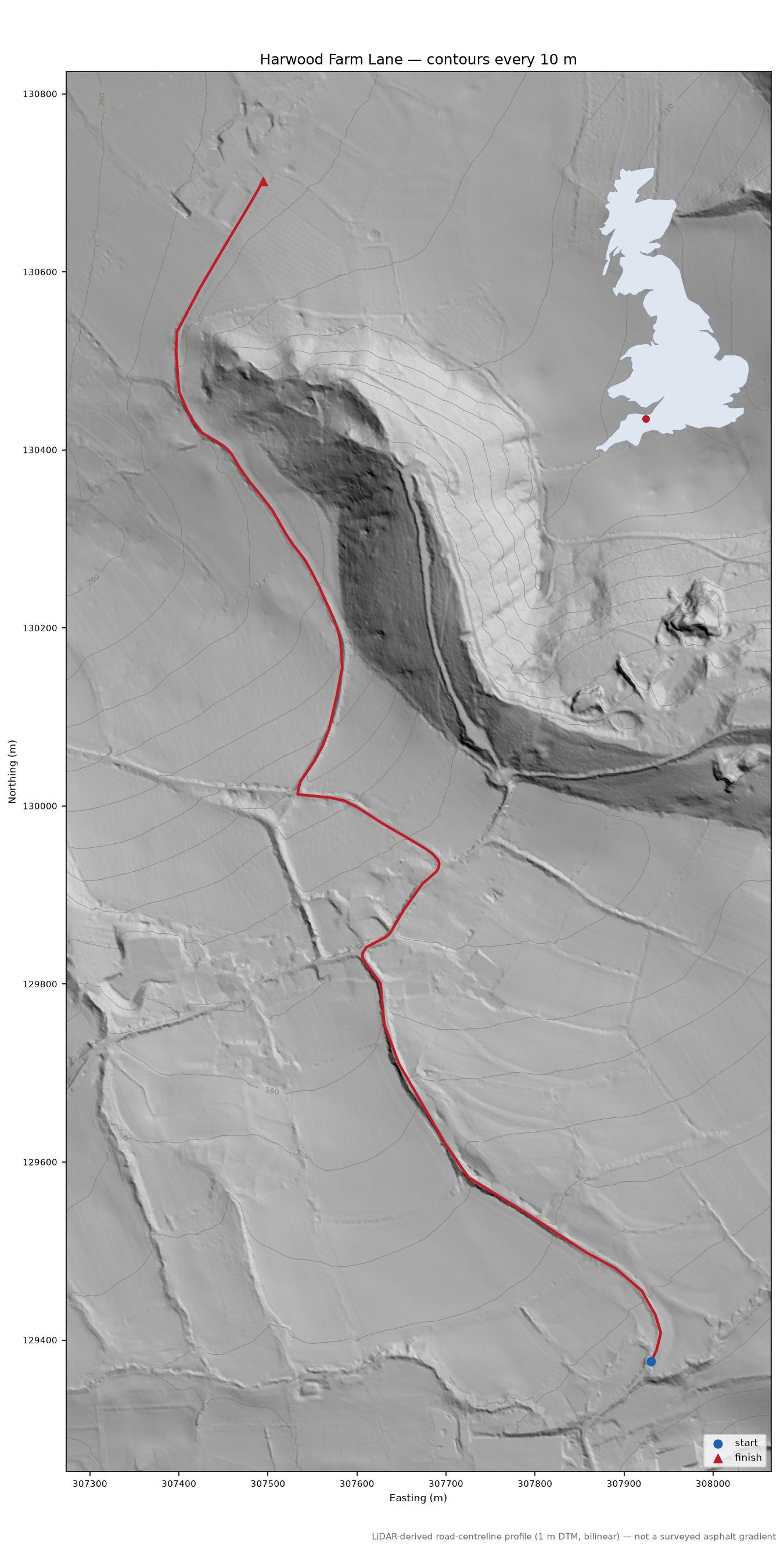 Harwood Farm Lane LiDAR hillshade map with contours