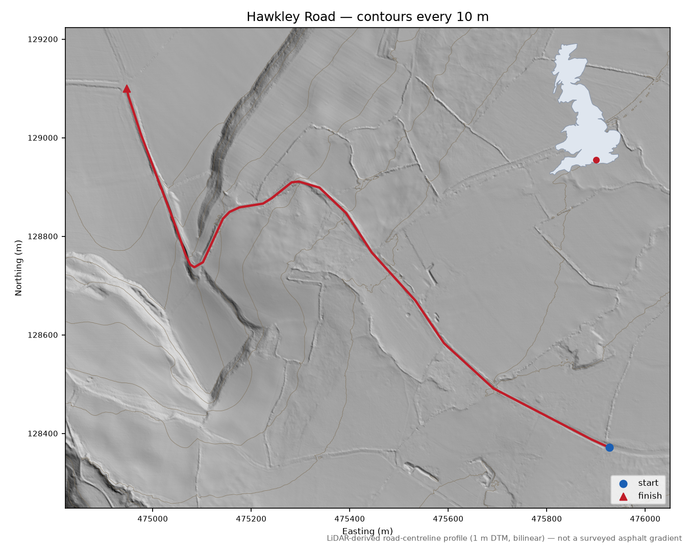 Hawkley Road LiDAR hillshade map with contours