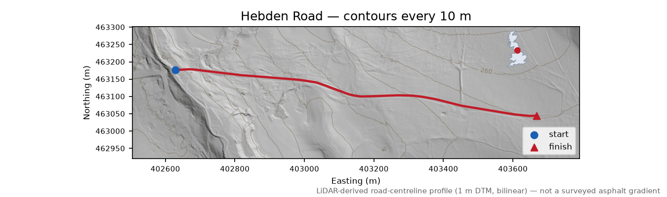 Hebden Road LiDAR hillshade map with contours