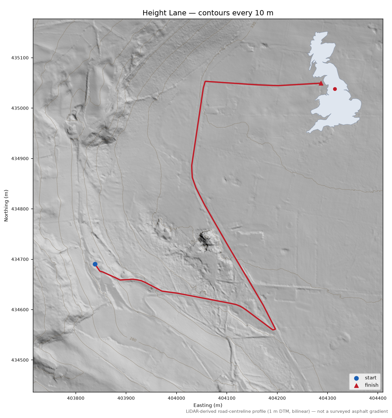 Height Lane LiDAR hillshade map with contours